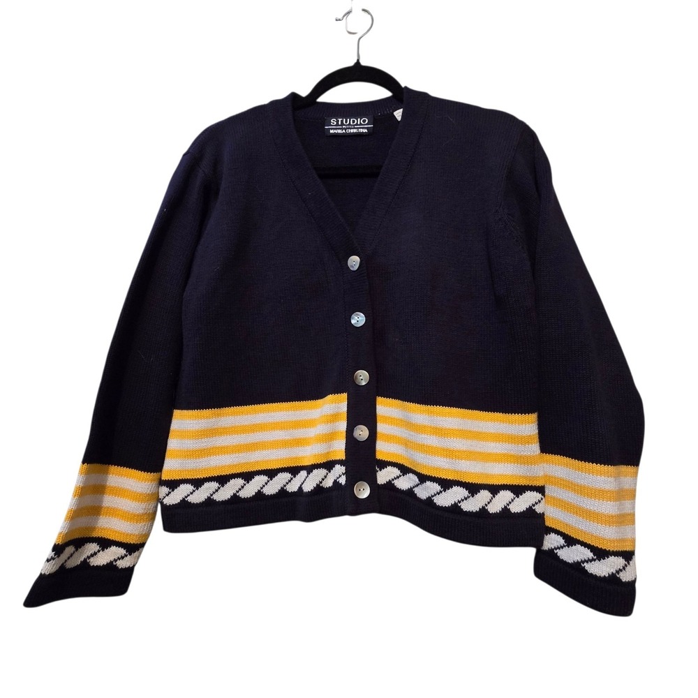 Vtg 90s Y2K Studio 100% Cotton Cardigan Womens MP Blue Coastal Nautical Preppy